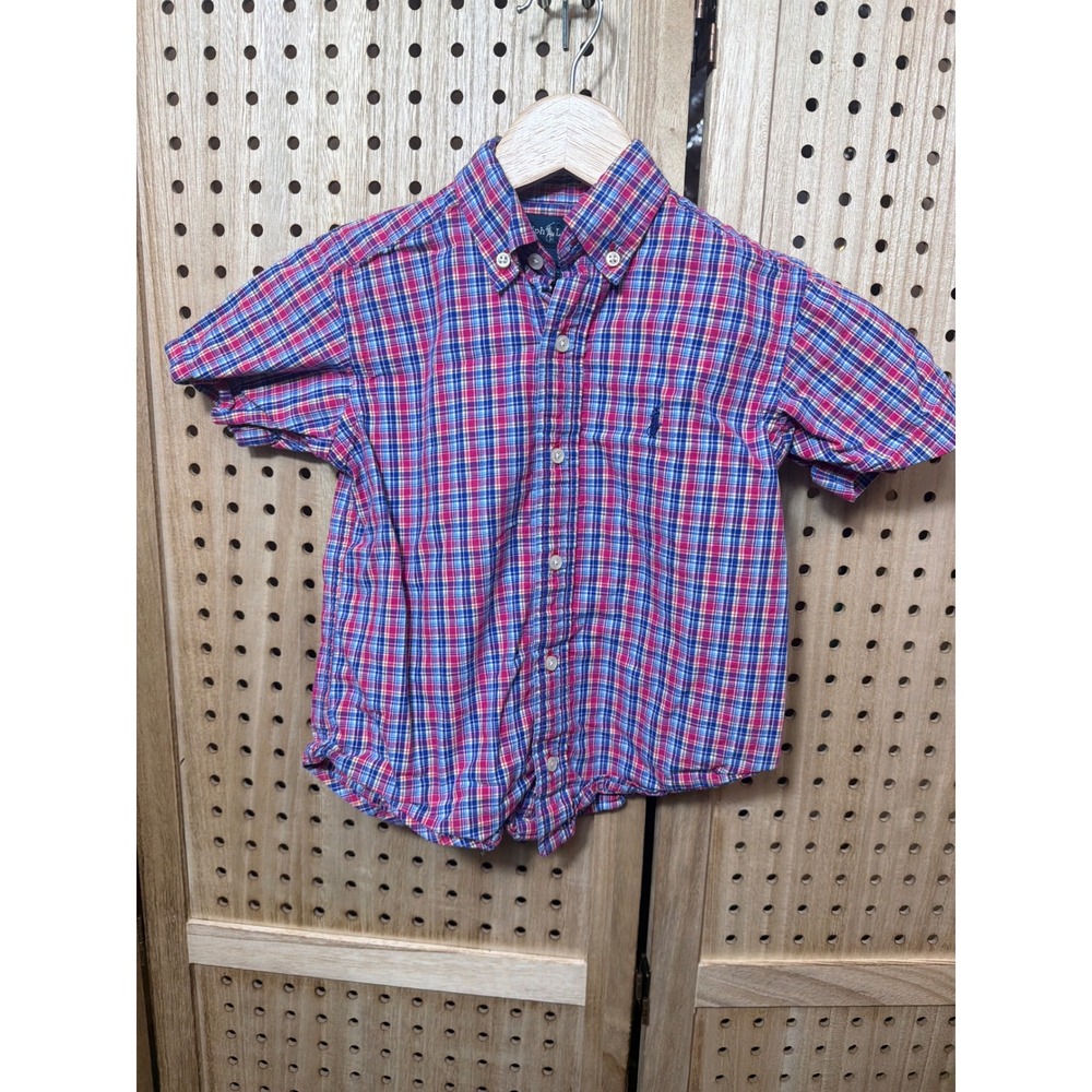 Ralph Lauren Kids Pink Blue Plaid Short Sleeve Button Down Shirt Size 4